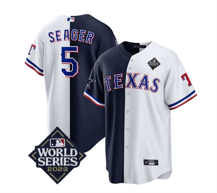 Mens Texas Rangers & Cowboys #5 Corey Seager Navy White 2023 World Series Splite Stitched Baseball Jersey Dzhi